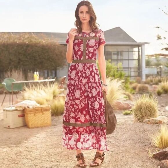 SUNDANCE Red Floral Maxi Sundress Boho Short Sleeve Slip Dress SUNDANCE Red Floral Maxi Sundress Boho Short Sleeve Slip Dress